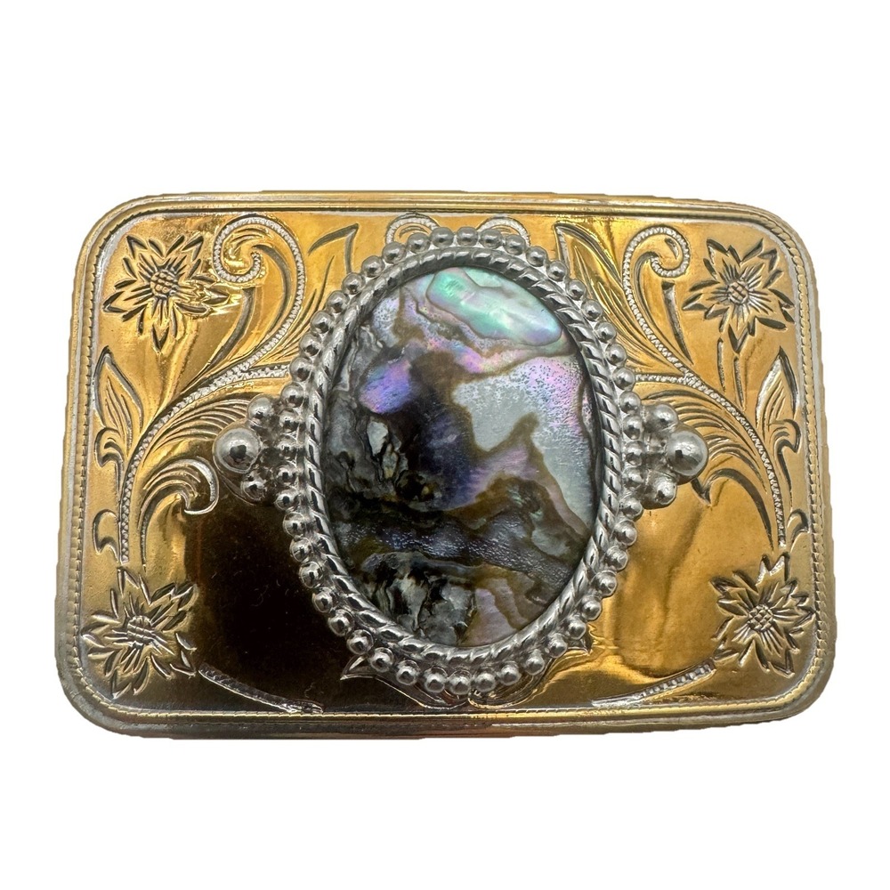 Belt Buckle Abalone Shell Cowboy Southwest Vintage Gold Tone Western Floral Rare